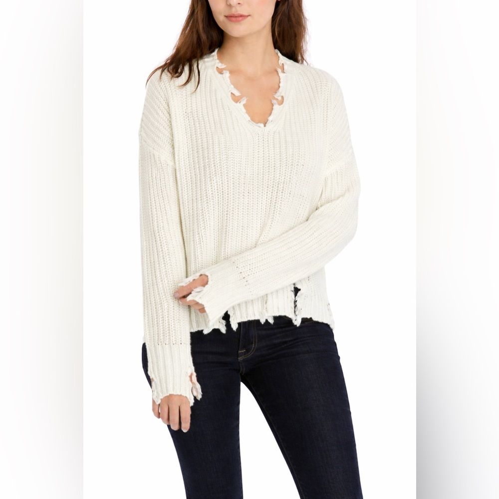 Wonderly Distressed V Neck Chunky Knit Sweater Ivory Oversized XL Boho
